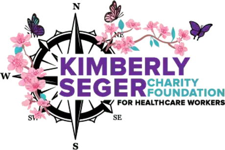 A purple and black logo with pink flowers.