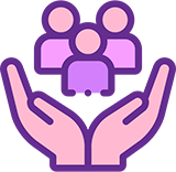 A purple and pink icon of hands holding people.