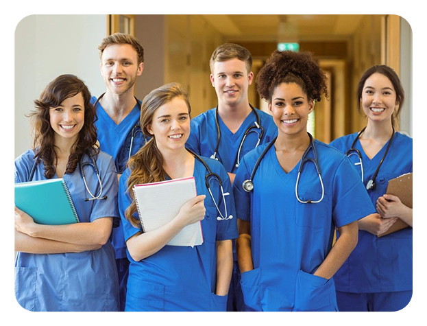 A group of doctors standing in front of a wall.